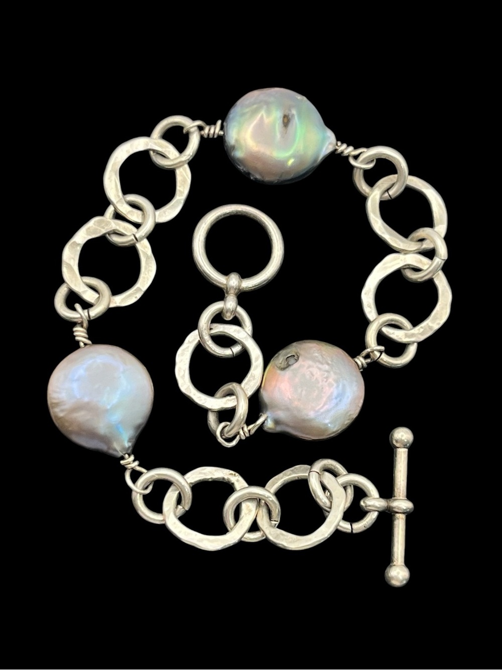 Sterling silver handmade circle link grey pearl toggle clasp bracelet vintage